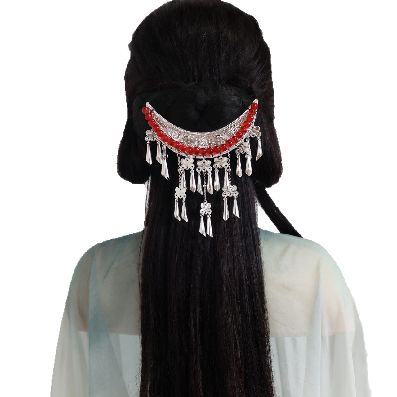 Hanfu Hair Accessories Miaojiang Crescent Moon Tassel Hair Ornament Warring States Robe Wei Jin Style Retro Forehead Accessories Ancient Style Hairpin