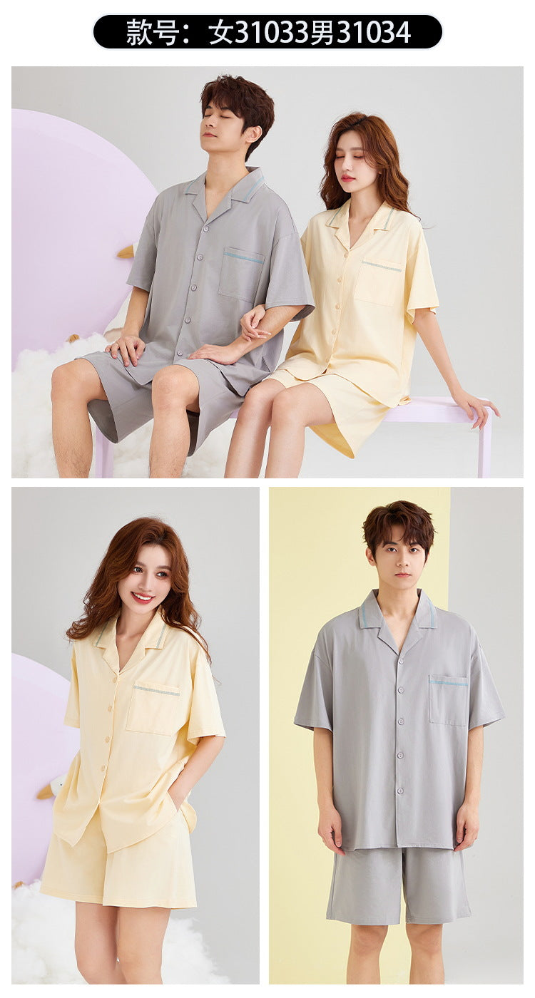 Summer New Cotton Cardigan Pajamas for Women, Thin High-End Feel, Men's Loungewear, Casual Wearable Couple Pajamas