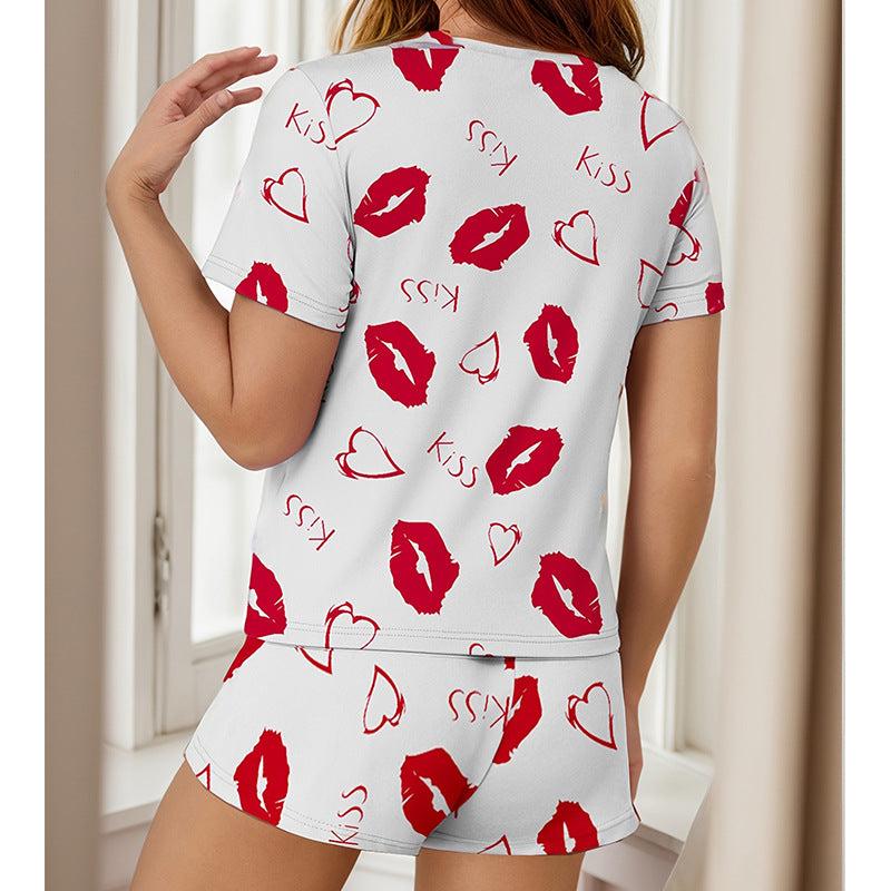 Cross-Border Delivery2025New Summer Men's and Women's Shorts Casual Kiss Print Couple Set Loungewear