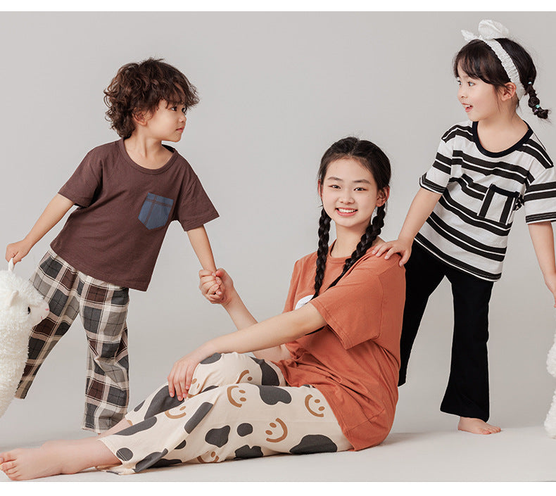 Parent-Child Cotton Homewear Summer Style Children's Short Sleeve Long Pants Set Cartoon Air Conditioning Clothing Sweat-Absorbing Printed Pajamas Couple Outfit