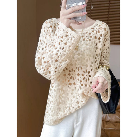 Early Autumn New Chinese Style Heavy Crochet Hollow Knit Sweater for Women100Commuting Autumn Lazy Style Sweater Cardigan