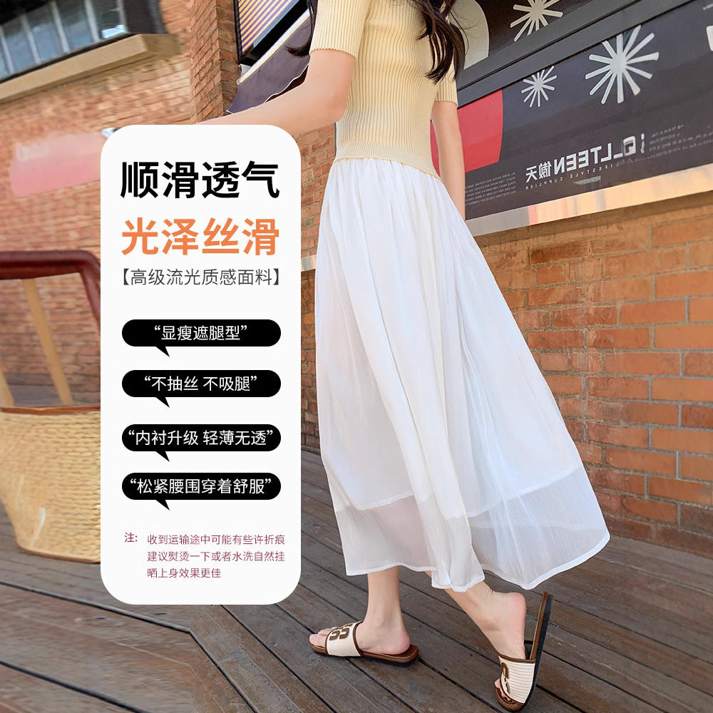 High-end Flowing Sheer Skirt for Women in Summer2025New Style Glassy Sheer Large Hem Mid-Length Draped a Women's pleated skirt