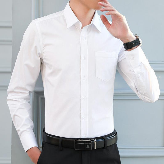 Men's Non-Iron Shirt Plus Size Breathable Business Casual Korean Style Slim Fit Shirt Professional Wear White Long Sleeve Shirt