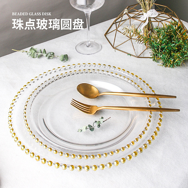 Nordic Gold-Plated Bead Plate Luxury Glass Electroplated Plate Round Pearl Western Steak Plate Silver Large Size Bead Plate