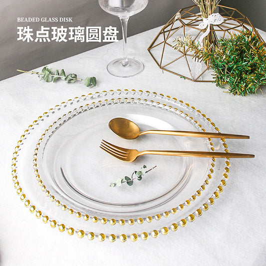 Nordic Gold-Plated Bead Plate Luxury Glass Electroplated Plate Round Pearl Western Steak Plate Silver Large Size Bead Plate