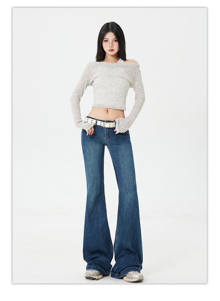 American Style Spicy Girl Retro Flared Jeans for Women Spring and Autumn2025New dark blue low-waist wide-leg floor-length pants
