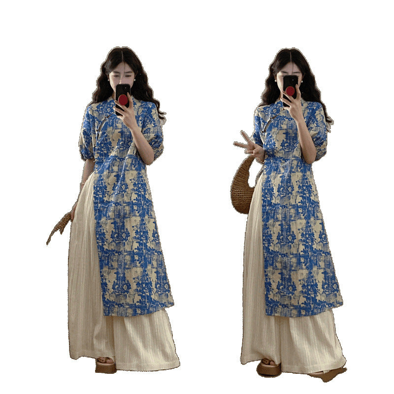 New Chinese Style National Style Set Gentle Temperament Super Beautiful Blue Floral Long Top Casual Long Pants Two-Piece Set