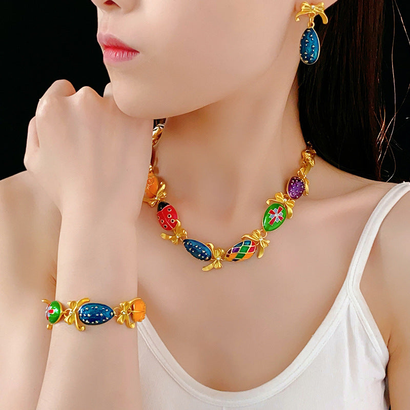 Medieval vintage Water Drop Flower Bow Necklace Palace Style Diamond Inlaid Oil Drop Collarbone Chain High-end Jewelry