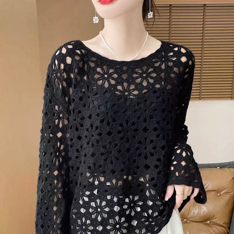 Early Autumn Crochet Hollow Solid Color V Lazy Style Soft Wool Knitted Pullover Top Slimming