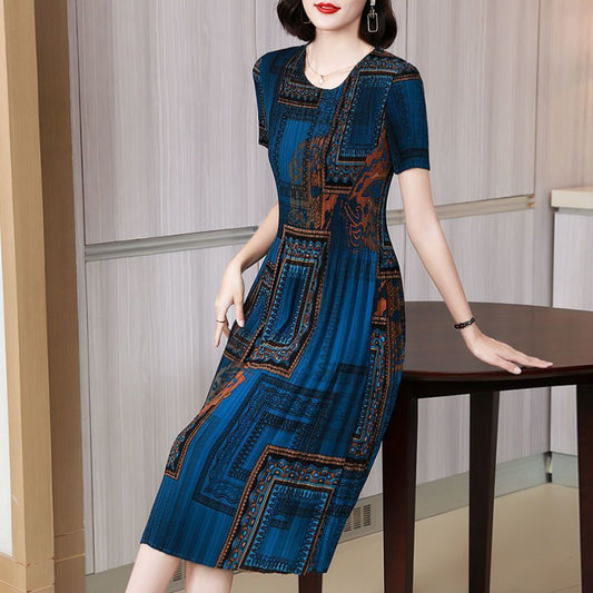 Pleated Printed Short Sleeve Mid-Length Mom Dress2025Summer Retro Round Neck Casual Loose Plus Size Dress