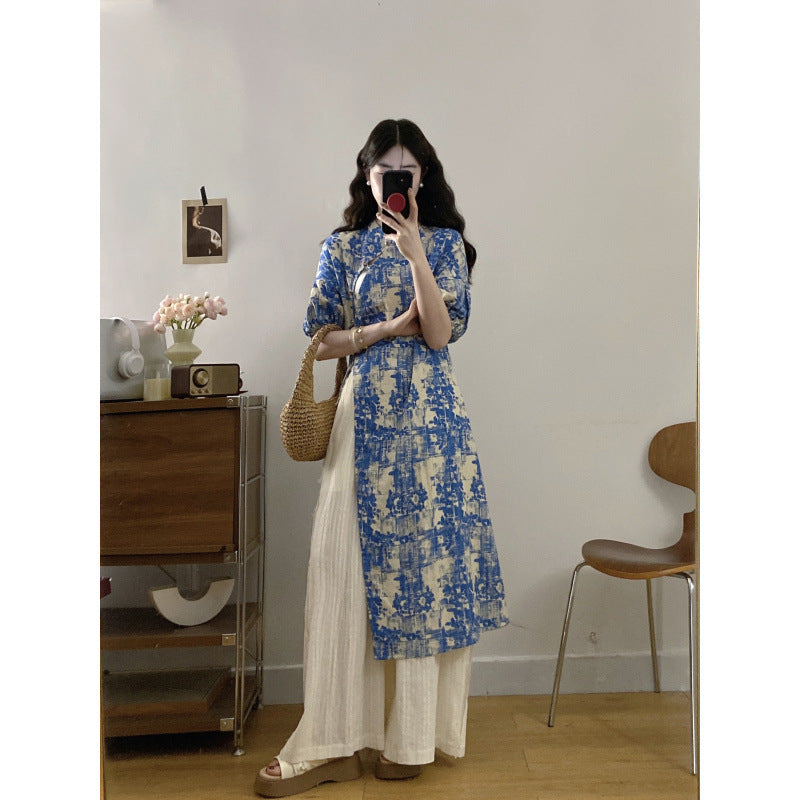 New Chinese Style National Style Set Gentle Temperament Super Beautiful Blue Floral Long Top Casual Long Pants Two-Piece Set