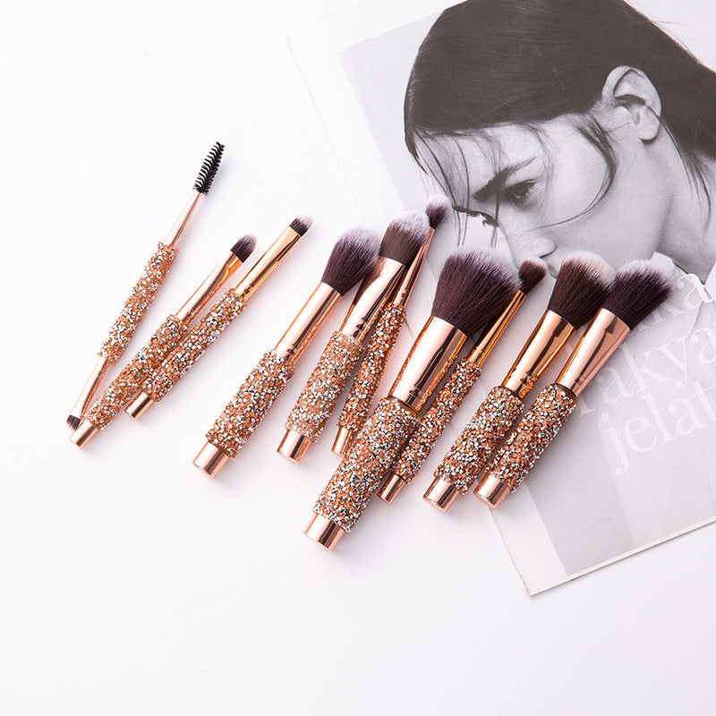 Foreign Trade Cangzhou10Makeup Brush Set with Rhinestones, Makeup Brushes, Beauty Tools, Soft Bristle Set, Wrapped Rhinestone Eyeshadow Brush