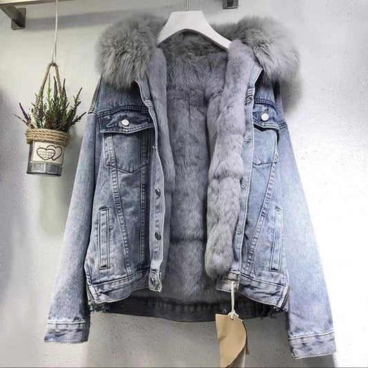In-stock Short Cotton Jacket2025Winter Fleece-Lined New Cotton Jacket Loose Korean Style Denim Fur Collar Thickened Coat for Women