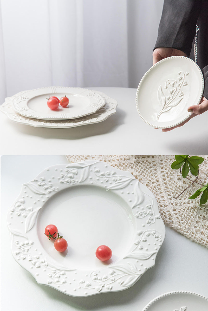 American Relief Lily of the Valley Series Lace Ceramic Western Pasta Plate Pastry Dessert Plate Deep Plate Household Dish Plate