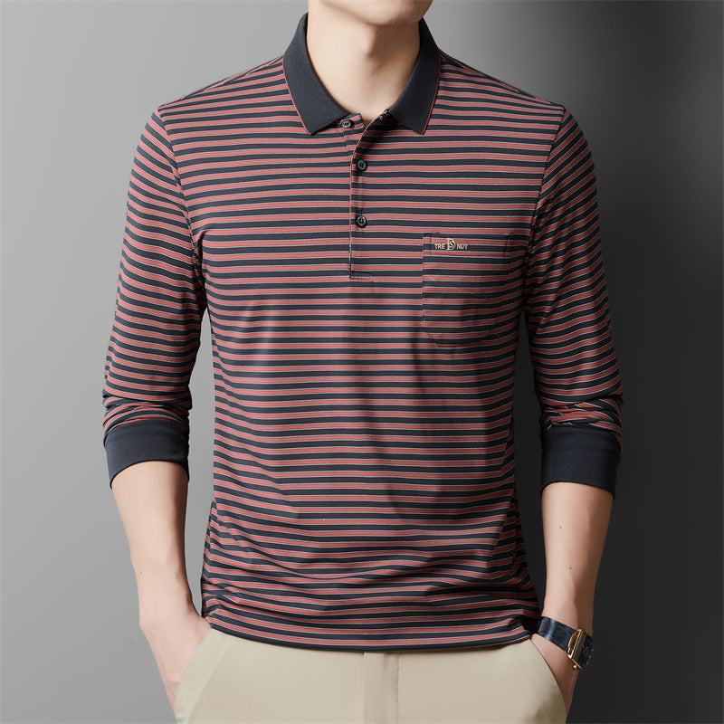 Autumn Men's Long Sleeve Cotton t Shirt for Middle-aged Dad Autumn Outfit with Turn-down Collar and Stripes POLO Base Layer Shirt T Grandpa's clothes