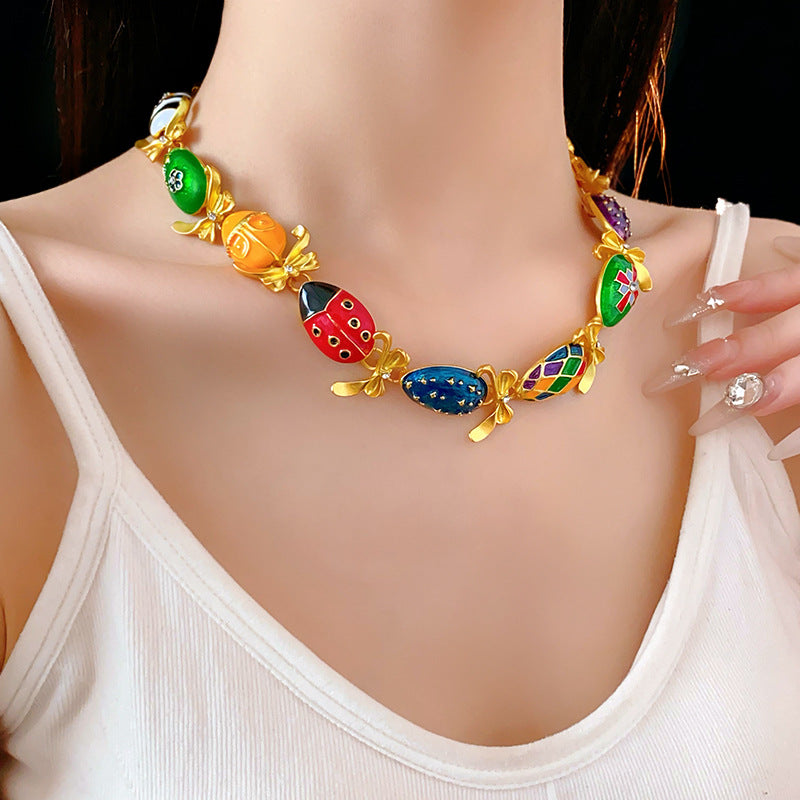 Medieval vintage Water Drop Flower Bow Necklace Palace Style Diamond Inlaid Oil Drop Collarbone Chain High-end Jewelry