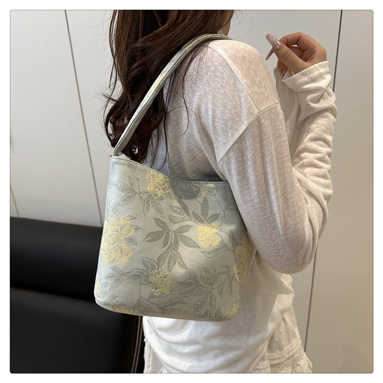 Lady's New Chinese Style Starlight Dream Tote Bag Black Shoulder Bag Embroidered Flower Vintage Handbag