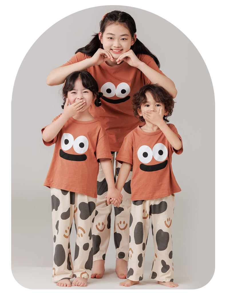 Parent-Child Cotton Homewear Summer Style Children's Short Sleeve Long Pants Set Cartoon Air Conditioning Clothing Sweat-Absorbing Printed Pajamas Couple Outfit