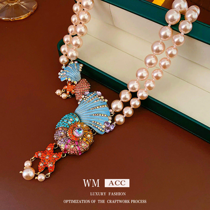 Medieval vintage Necklace with Inlaid Diamonds, Oil Drop Shell Conch Pearl Necklace, Exaggerated Vintage Jewelry Manufacturer Wholesale