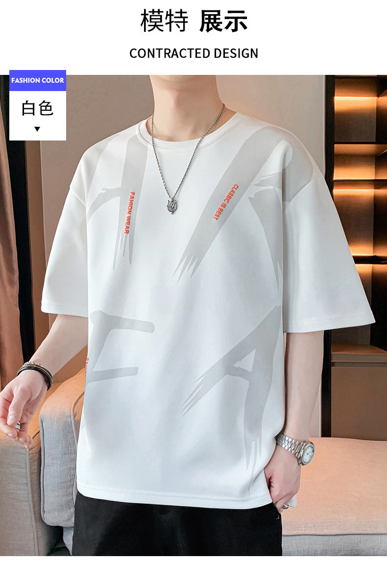 Summer Trendy Hong Kong Style Men's Printed Round Neck Short Sleeve T T-shirt Plus Size Loose Casual T-Shirt for Overweight Men