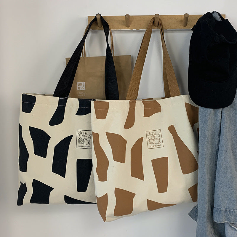 Canvas bag for women, single shoulder, suitable for college students to carry books ins Korean Style Zippered Artistic Design Handheld Canvas Bag