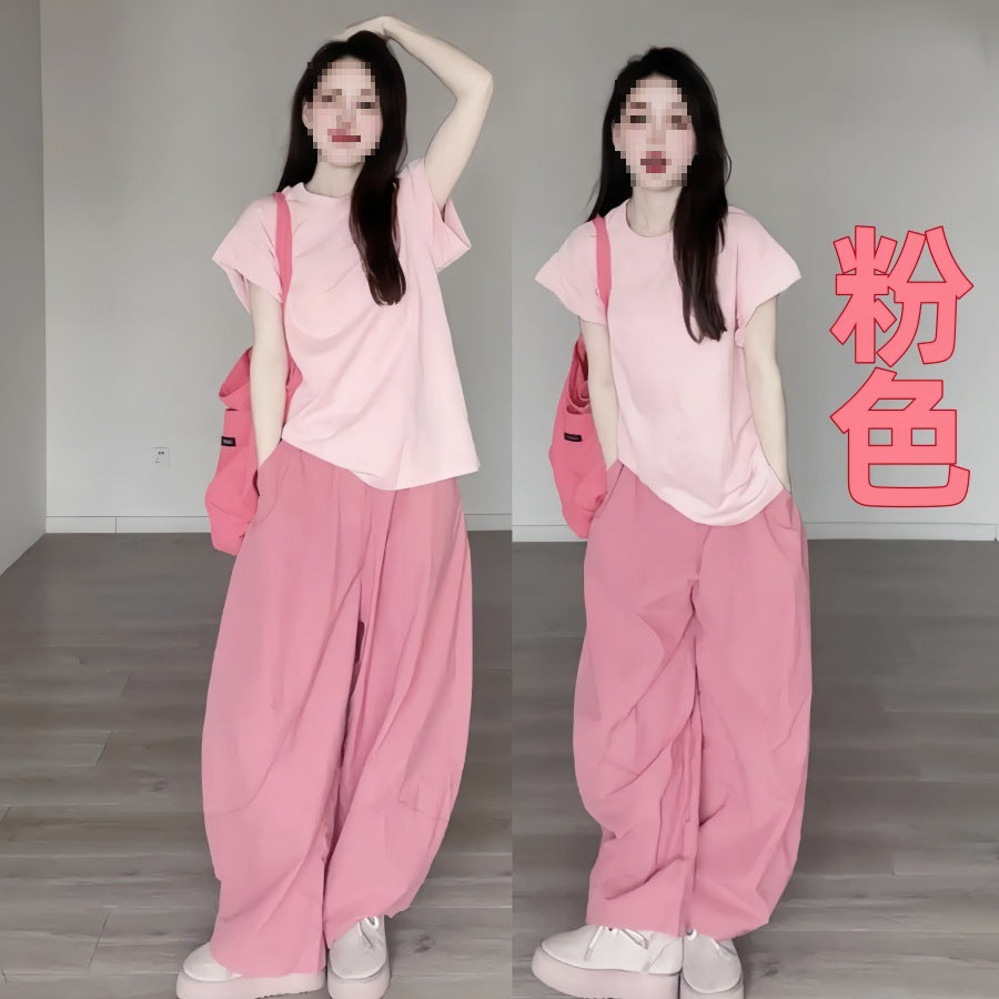 Summer Dopamine Full Set Shirt Wide-Leg Pants Two-Piece Set Lazy Style Fashion Casual Thin Suit for Petite Women