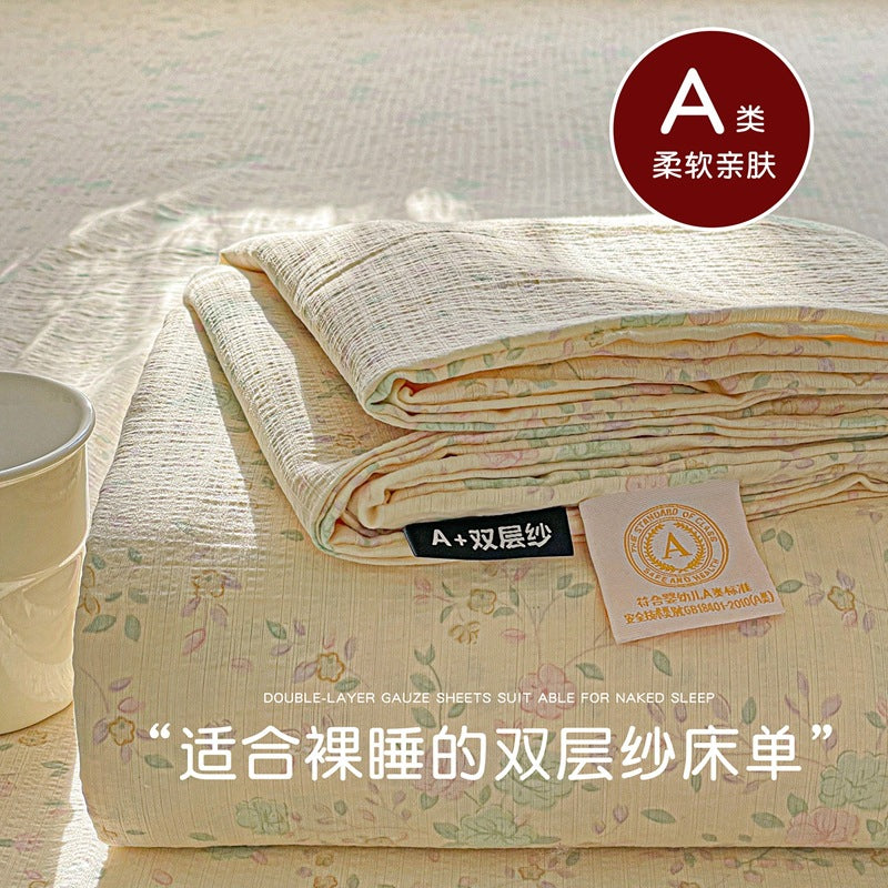 a Double-layer Gauze Bed Sheet Single Piece Fresh Style A Summer-style Naked Sleep Pillowcase Single Double Student Dormitory Three-piece Set
