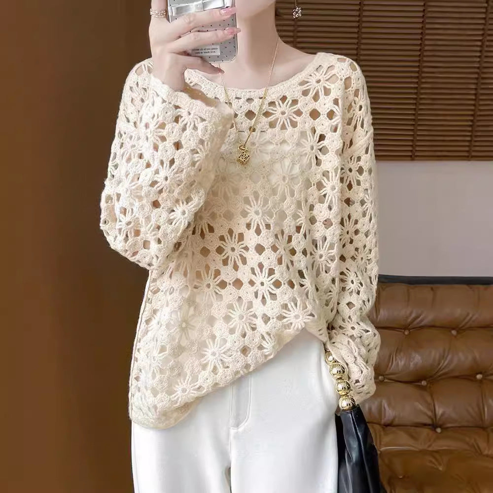 Early Autumn Crochet Hollow Solid Color V Lazy Style Soft Wool Knitted Pullover Top Slimming
