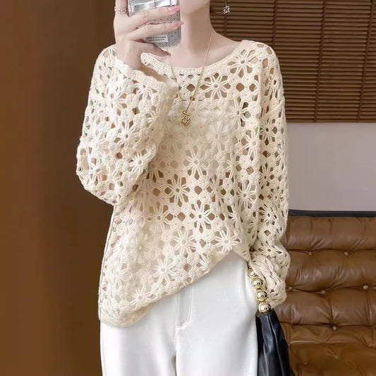 Early Autumn Crochet Hollow Solid Color V Lazy Style Soft Wool Knitted Pullover Top Slimming