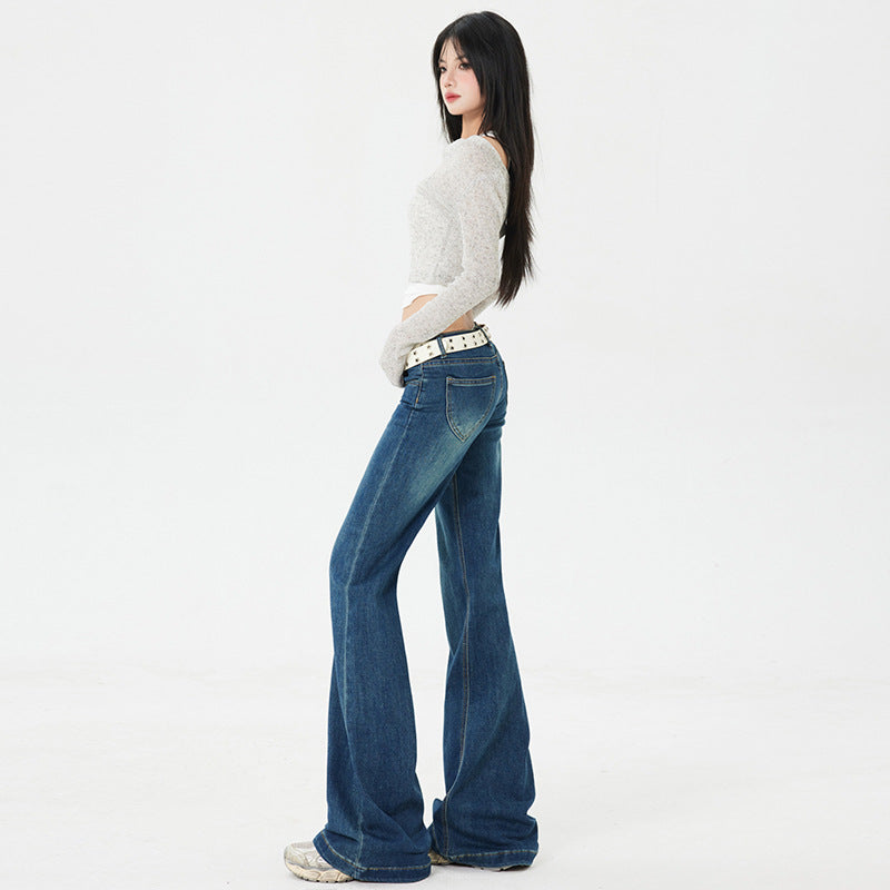 American Style Spicy Girl Retro Flared Jeans for Women Spring and Autumn2025New dark blue low-waist wide-leg floor-length pants