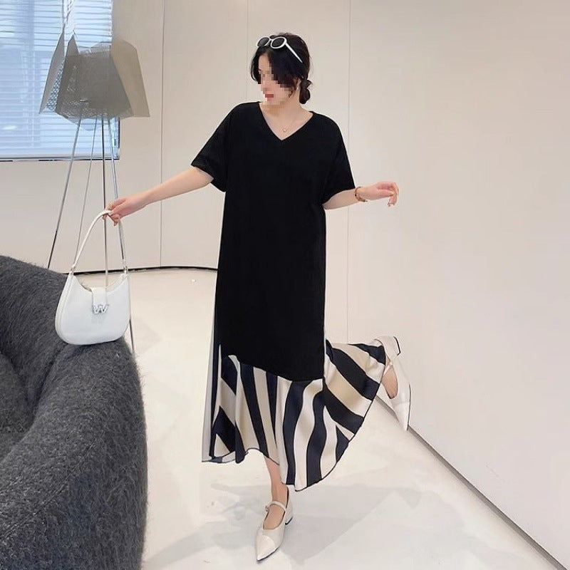 Plus Size Women's Fashion Luxury2-300Loose-fitting summer dress for plus-size women mm Slimming Long Style V Collar T T-shirt Skirt