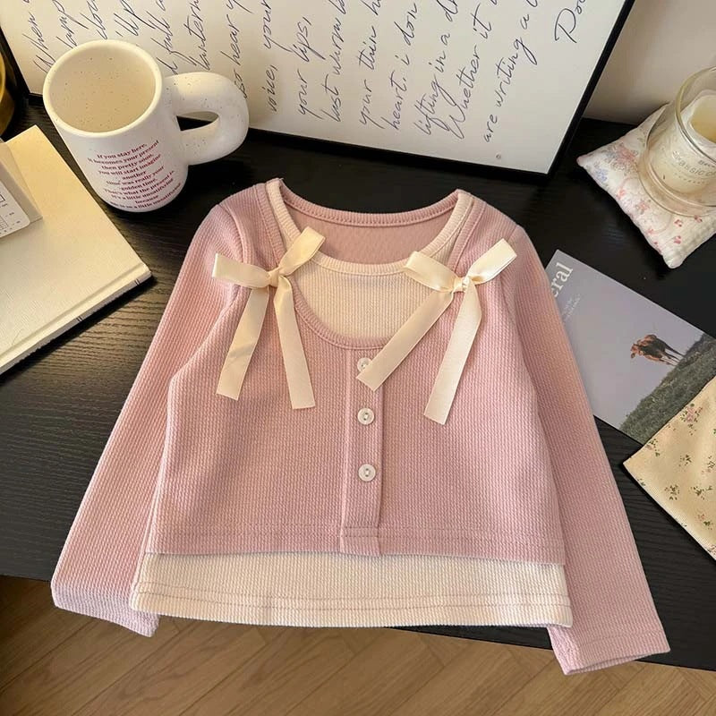 Sweet Little Girl's Sweet and Versatile Fake Two-Piece T Shirt Top25Spring New Korean Style Children's Fashionable Base Shirt