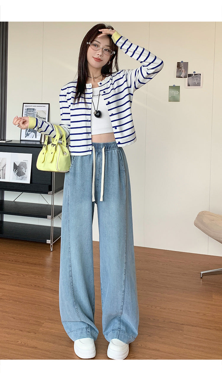 Tencel Jeans for Women Summer Thin Elastic Waist High Waist Draped Large Size Loose Straight Side Seam Front-Moved Wide-Leg Pants