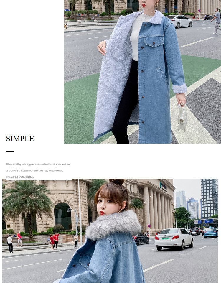 2022Winter New Mid-Length Large Fur Collar Fleece-Lined Lamb Wool Denim Jacket for Women Loose Casual Cotton Coat