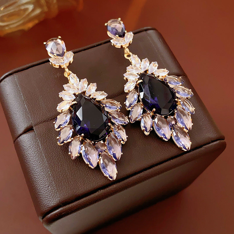 Medieval vintage Zircon Earrings Silver Needle Exaggerated Heavy Craft Flower Water Drop Studs Light Luxury High-end Feel Earrings for Women