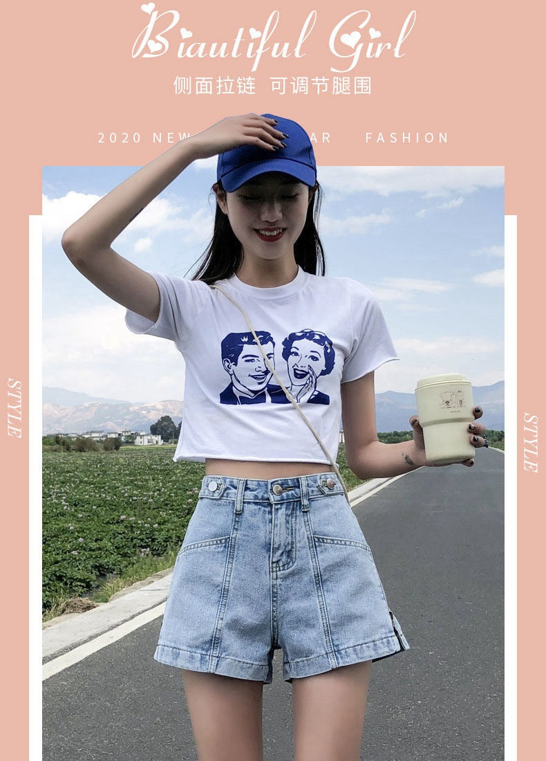 Side Zipper High Waist Denim Shorts Women Summer Loose Fit2025New Year's Slimming Letter Print Wide-Leg Hot Pants Trend