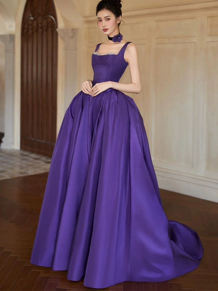 Purple suspender elegant evening dress for birthday party and coming-of-age ceremony2025New Sleeveless Long Dress Satin Elegant Gown