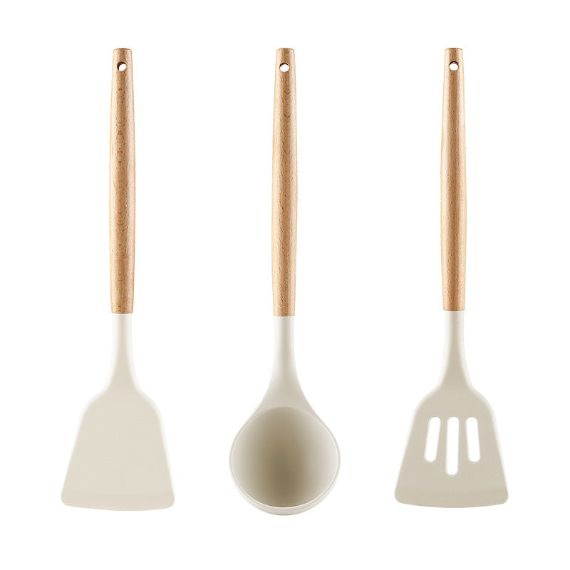 Wooden Handle Non-Stick Pan Silicone Kitchen Utensils Soup Spoon Spatula One Piece