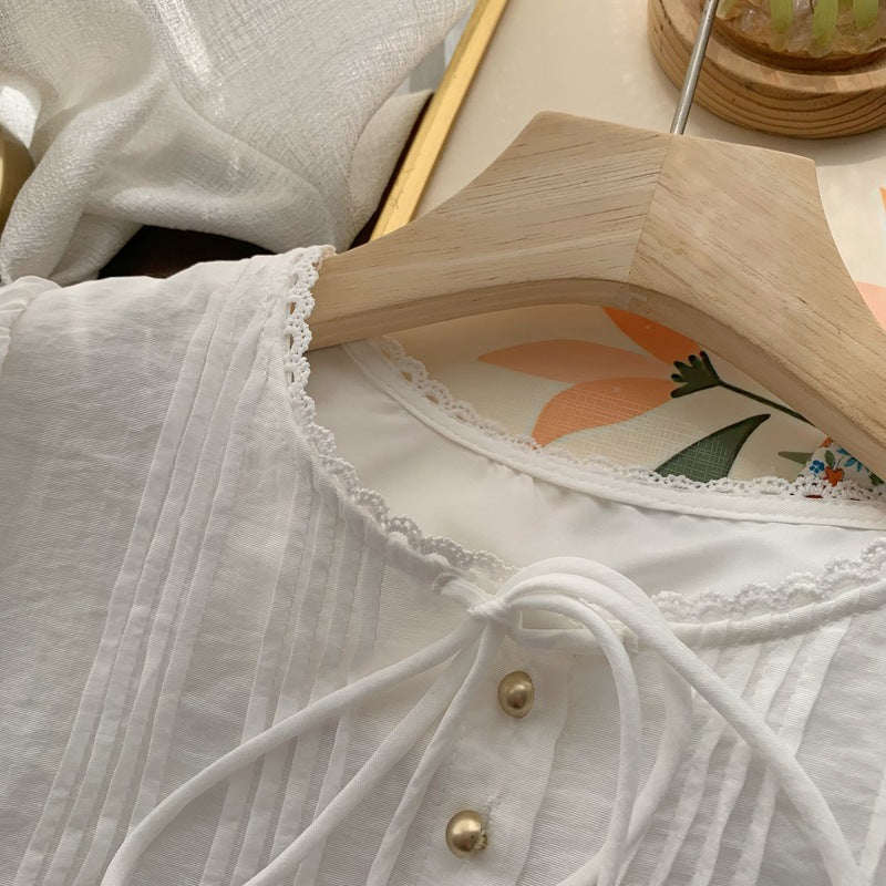 Real Shot◆Private Server Edition！French Style Round Neck Breathable Comfortable Light Pink Lace-Up Loose Shirt Chiffon Blouse