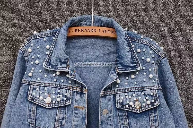 Amazon Cross-Border Southeast Asia Heavy Fashion Beaded Short Denim Jacket for Women Pearl Plus Size Jacket ns Top