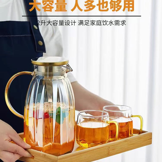 High Borosilicate Glass Cold Water Pitcher Large Capacity Metal Lid Household Transparent Set High Temperature Resistant Explosion-Proof Cold Water Pitcher