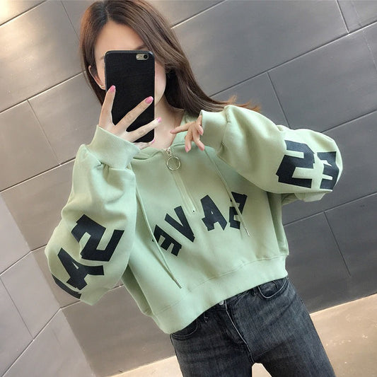 Half Zipper Hooded Short Petites Sweatshirt Women2025New Early Autumn Thin High-Waisted Stylish Streetwear Jacket Trend