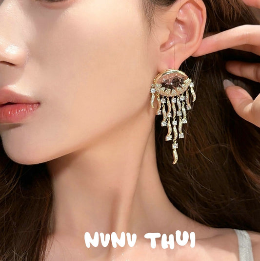 Sparkling Paphos Cloud Pattern Jellyfish Tassel Gemstone Earrings The Joy of a Rich Woman Egg-shaped Princess Pink Earrings