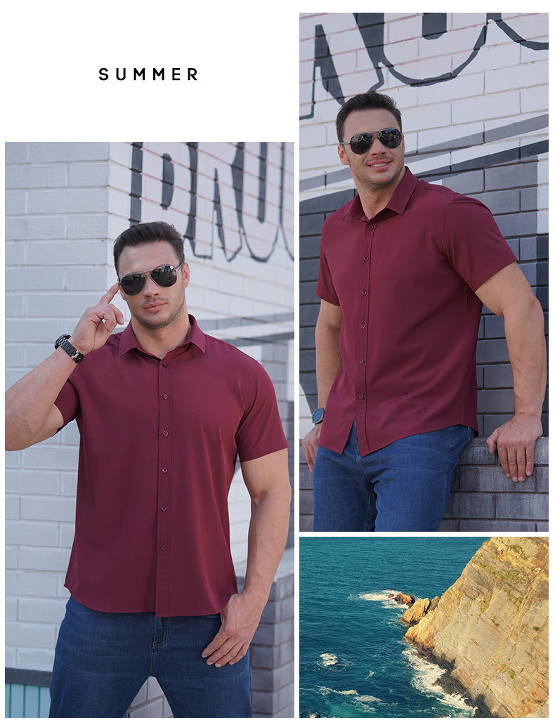 Plus Size Men's Clothing Fat Guy Summer Thin Short Sleeve Shirt Fat Brother Business Casual Loose Slightly Elastic Solid Color Professional Shirt