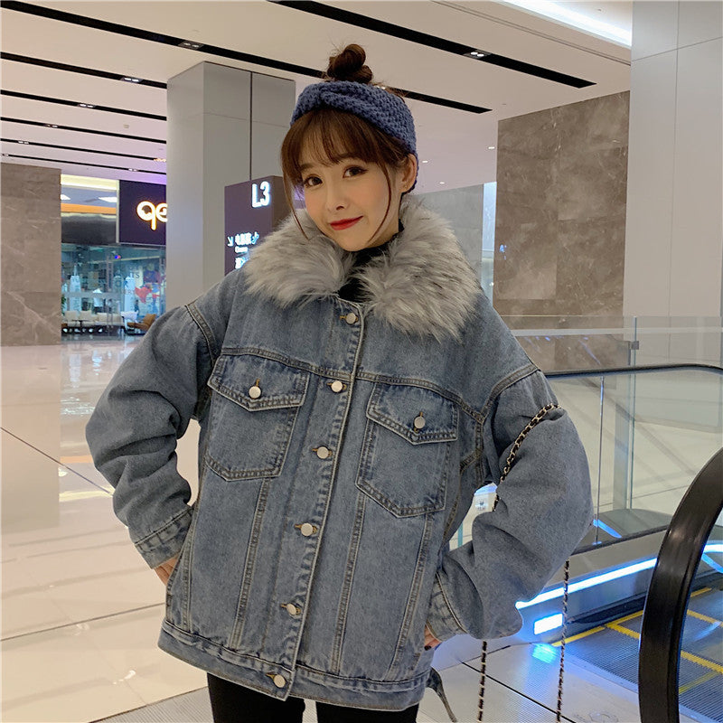 Cross-Border2022Winter New Korean Style Loose Thickened Fleece Rabbit Fur Inner Large Fur Collar Denim Jacket Women's Cotton Coat