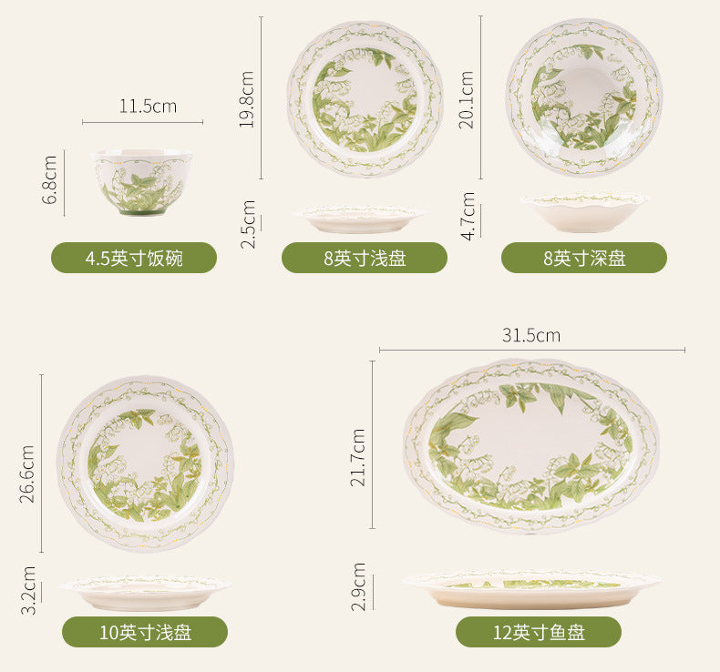 Lily of the Valley Bowl and Plate Set Household Ceramic Tableware Set Pastoral Style High-Value Underglaze Color Vegetable Plate Soup Plate Bowl and Chopsticks