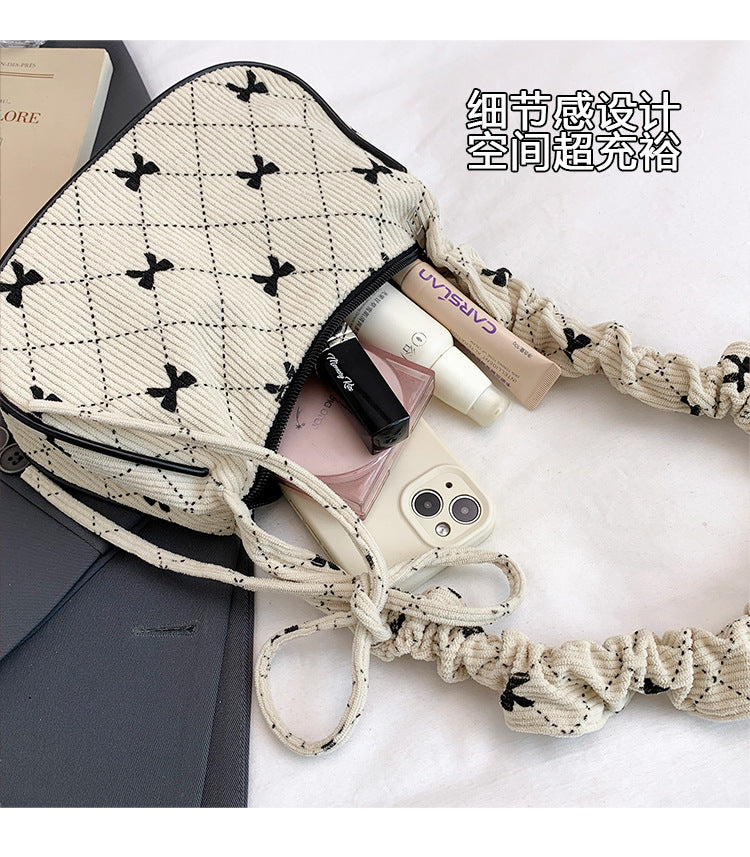 Sweet Bow Plaid Single Shoulder Underarm Crescent Bag2024Autumn new simple casual large capacity handbag