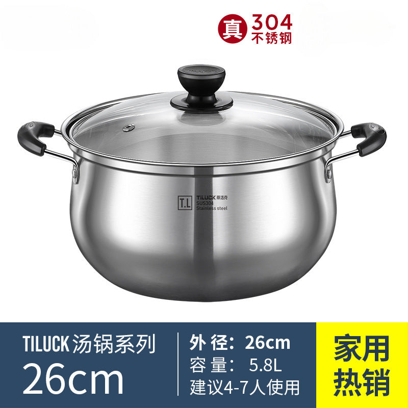 304Stainless Steel Soup Pot for Home Use, Non-Coated Instant Noodle Pot, Double Ear Small Pot, Steamer, Special for Gas and Induction Cookers