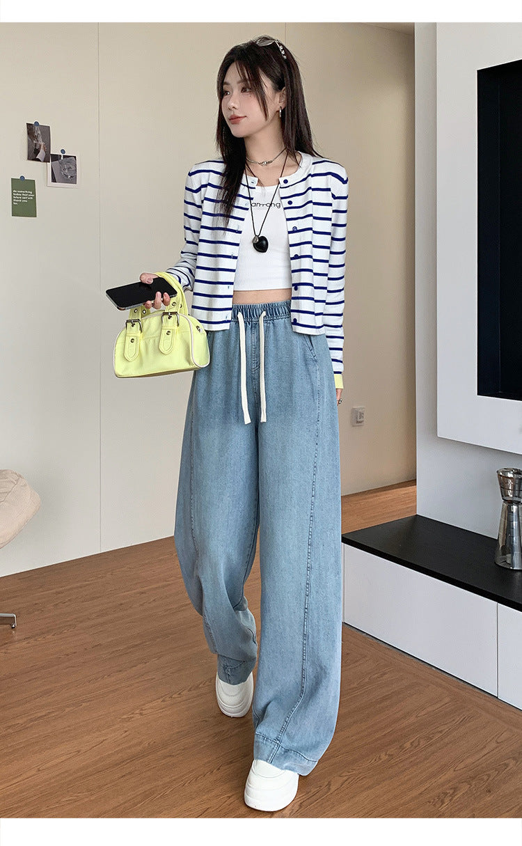Tencel Jeans for Women Summer Thin Elastic Waist High Waist Draped Large Size Loose Straight Side Seam Front-Moved Wide-Leg Pants