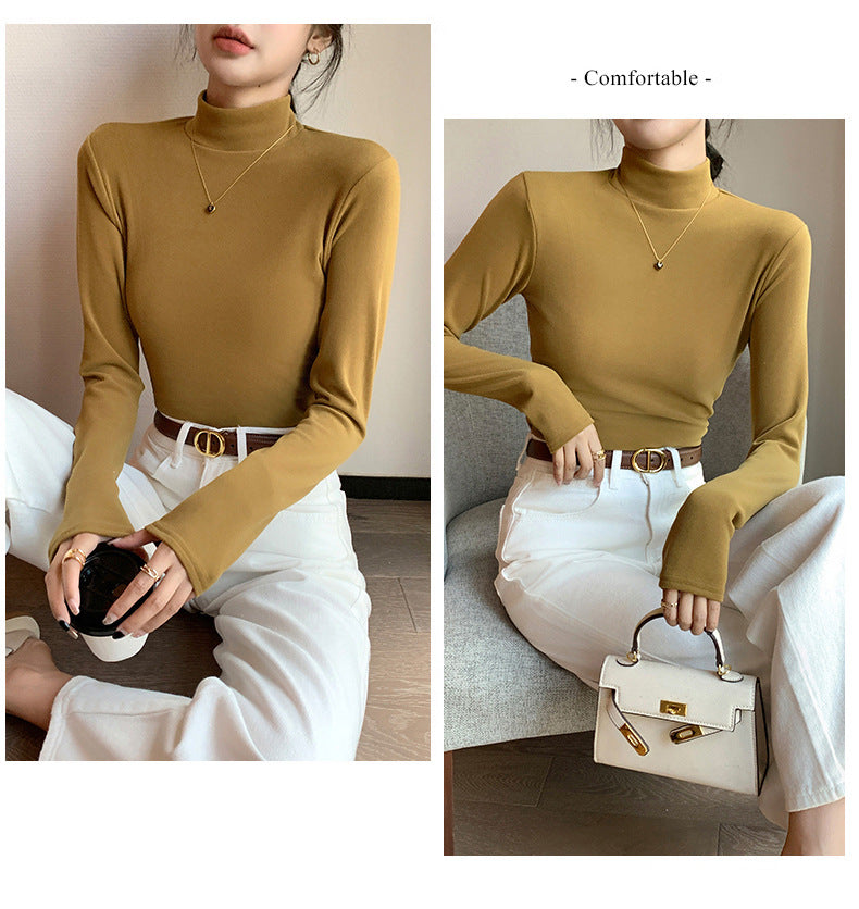 Half Turtleneck Double-Sided Thermal Base Shirt for Women, Spring and Autumn Style, Stylish Inner Wear, Solid Color, Fleece-Lined, Thickened, Warm Long-Sleeve Top